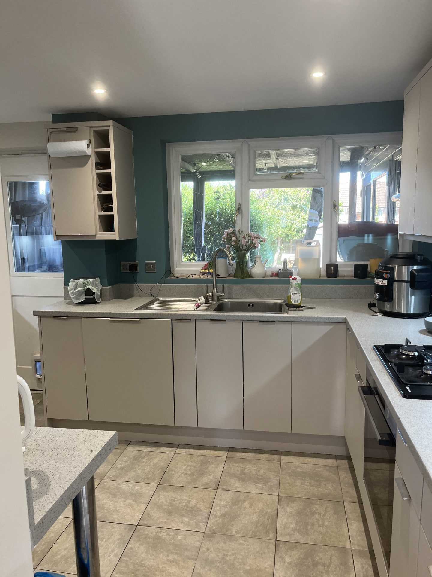 Modern kitchen with window views